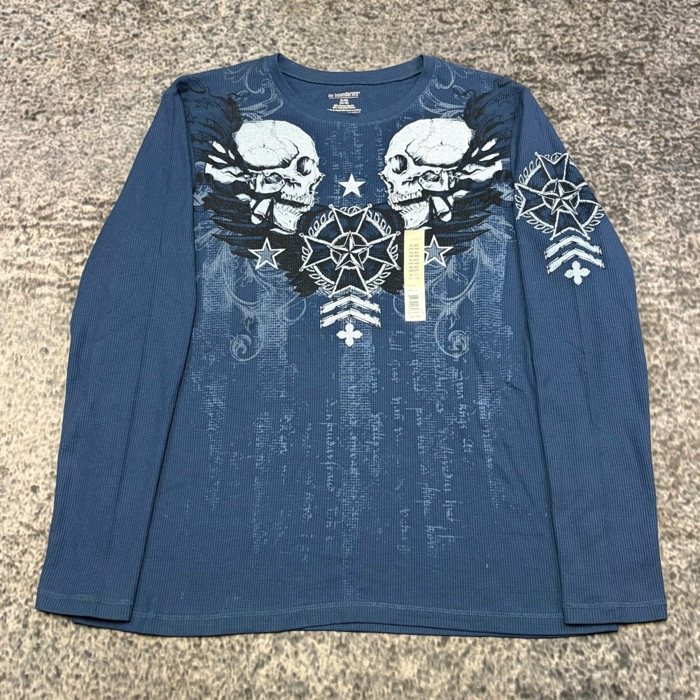 NWT No Boundaries Thermal Long Sleeve Shirt Mens XL Blue Y2K Skull Wings Grunge